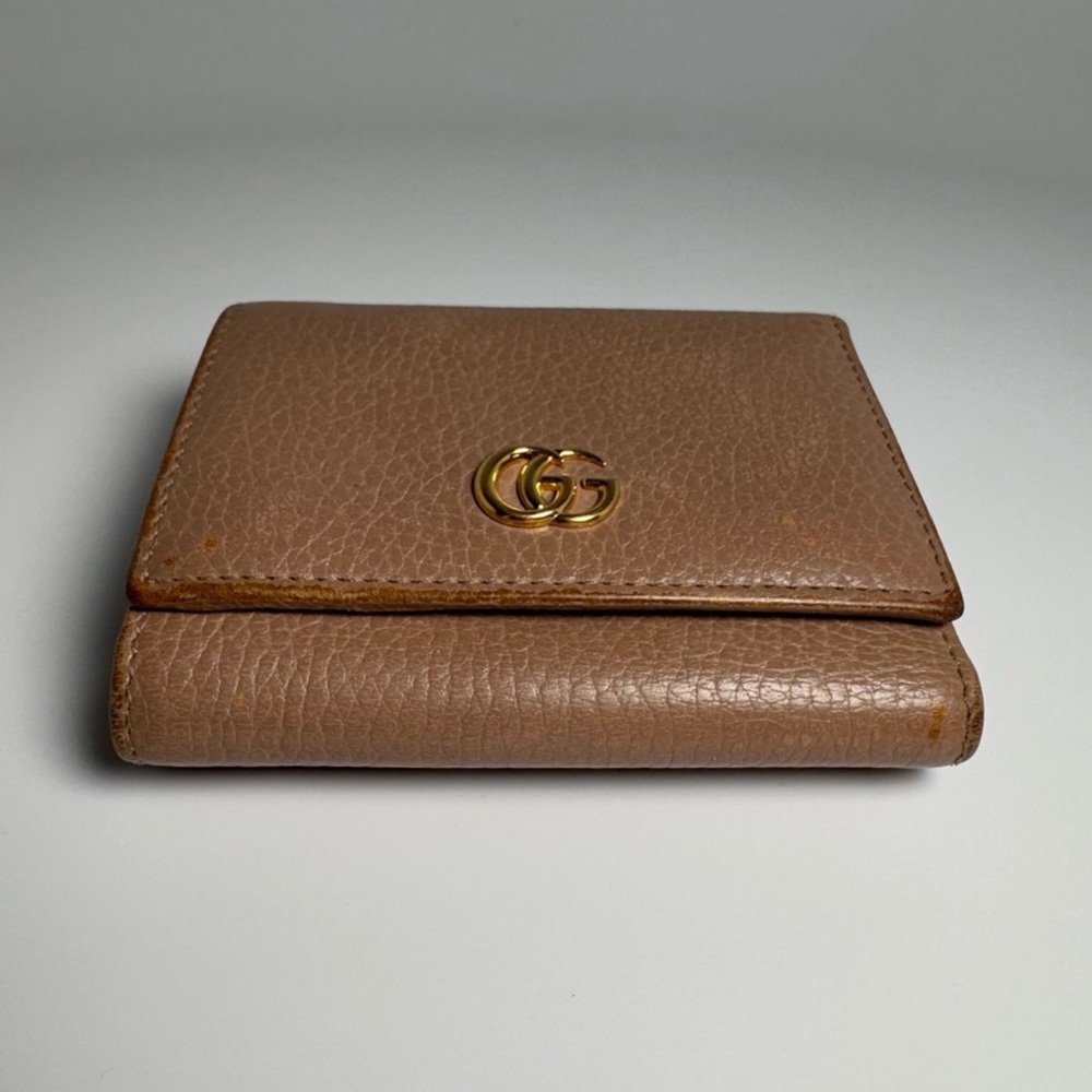 Gucci Marmont Wallet Calf Skin Pebble Leather Compact Snap Camel Tan Luxury - Picture 2 of 9